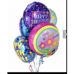 Cluster of colorful anniversary and birthday balloons with printed messages