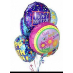 Cluster of colorful anniversary and birthday balloons with ribbons