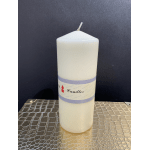 White pillar candle with a labeled band