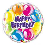 Round birthday balloon with colorful balloon graphics and "Happy Birthday" text