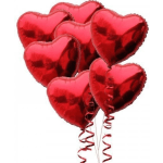 Cluster of red heart-shaped balloons with curling ribbons