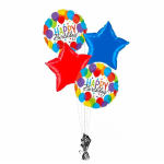 Birthday balloon bouquet with two round printed balloons and two star balloons