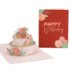 Pop-up birthday card with a tiered cake and floral decorations