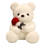 White teddy bear holding a red rose with a black ribbon