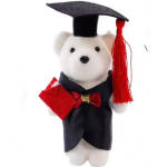 White teddy bear in a graduation cap and gown holding a diploma