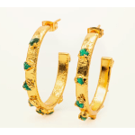 Pair of gold hoop earrings with green stone accents