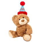 Plush teddy bear wearing a birthday hat