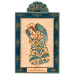 Decorative wooden plaque with an angel playing a lute framed by teal and gold patterns