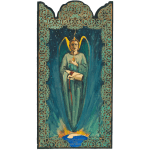 Religious-style painted panel of an angel with golden wings framed by ornate teal patterns.