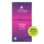 Purple and pink Lake Champlain Super Dark 80% cocoa chocolate bar with circular green label