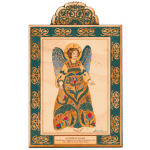 Wooden plaque with an illustrated guardian angel and ornate green border.