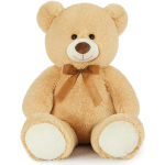 Large beige teddy bear with a brown ribbon bow