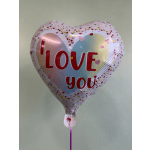Heart-shaped balloon with "I LOVE you" text and small hearts