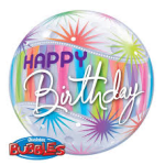 Clear birthday balloon with colorful starburst graphics and text