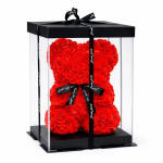 Red rose teddy bear in a clear display box with black ribbon