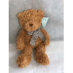 Brown teddy bear with a black-and-white checkered ribbon