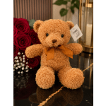 Teddy bear beside red roses and small white flowers