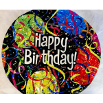 Round Happy Birthday balloon with colorful confetti streamers