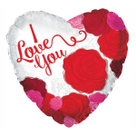 Heart-shaped balloon with red roses and "I love you" text