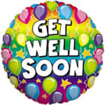 Round balloon with colorful balloons and stars reading GET WELL SOON