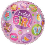 Pink round balloon with "baby GIRL" text and baby-themed icons