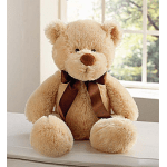 Plush teddy bear with a brown ribbon bow