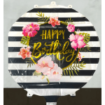 Round birthday balloon with pink flowers and gold lettering