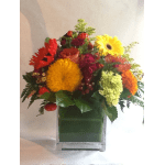 Colorful mixed bouquet in a clear square vase