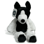 Black and white plush dog with a hanging tag