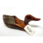 Wooden duck figurine with a rustic finish and hanging tag