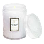 White glass candle jar with embossed floral pattern and lid