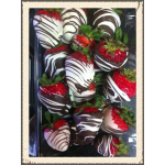 Tray of chocolate-dipped strawberries with white and dark drizzle