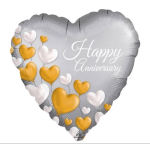 Heart-shaped silver anniversary balloon with gold and white hearts