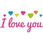 Pink "I love you" text with colorful heart icons on a green background