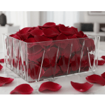 Clear rectangular box filled with red rose petals