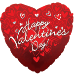Heart-shaped red Valentine’s Day balloon with heart patterns and text