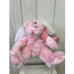 Pink and white plush bunny with a ribbon bow and tag