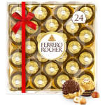 Box of Ferrero Rocher chocolates tied with a red ribbon