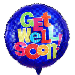 Blue foil balloon with colorful "Get Well Soon!" text