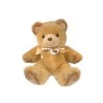 Small tan teddy bear with a ribbon bow