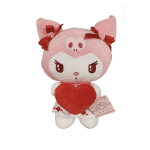 Pink plush cat holding a red heart with ribbon bows