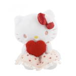 Hello Kitty plush holding a red heart and wearing a heart-patterned skirt