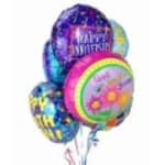 Cluster of colorful birthday balloons with floral prints