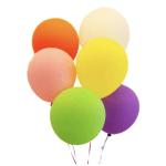 Cluster of six colorful balloons on white background