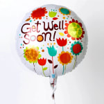 Round balloon with colorful flowers and the words Get Well Soon