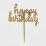 Gold glitter "happy birthday" cake topper on a white background