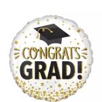 Round graduation balloon with "Congrats Grad!" text and a mortarboard graphic
