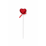 Red heart-shaped lollipop with a ribbon on a white stick