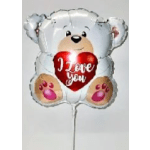 Teddy bear-shaped balloon holding a red heart with "I love you" text