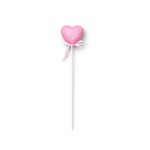 Pink heart-shaped lollipop with a ribbon on a white stick